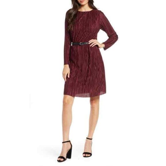 NWT Sam Edelman Long Sleeve Plisse Crinkle High Neck Burgundy Shift Dress Size 2 - Picture 2 of 12